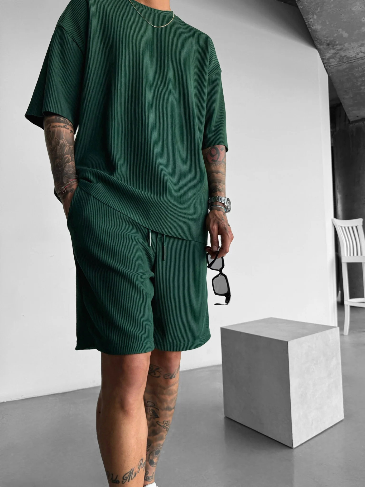 Loose Fit Cord Shorts - Green - Image 5